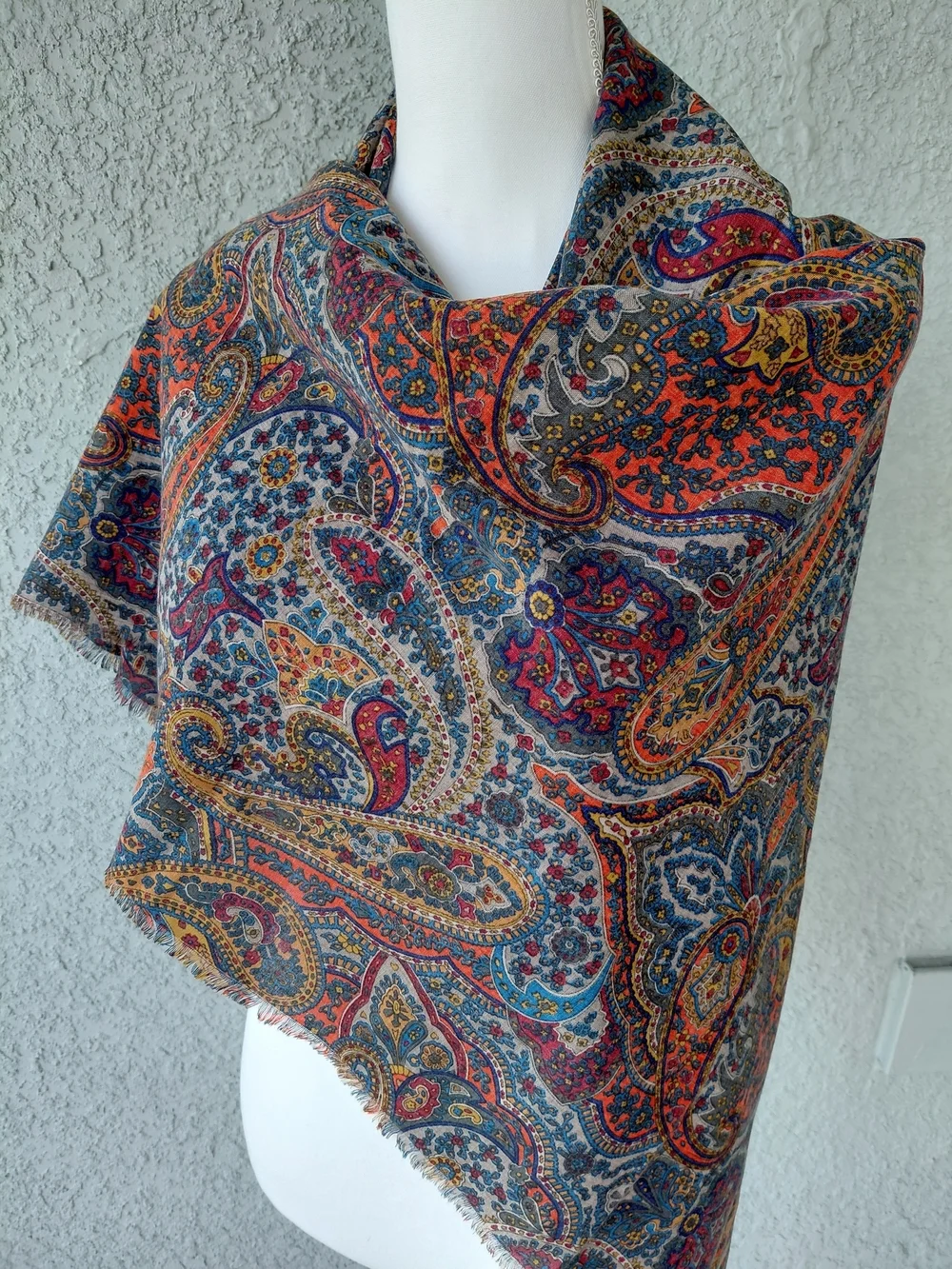 Vintage Paisley Wool Feel Shawl Wrap Scarf Fringe Edge Boho Colorful 44